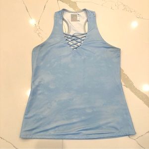 Women’s Lucky in Love tennis top, Size Small, baby blue